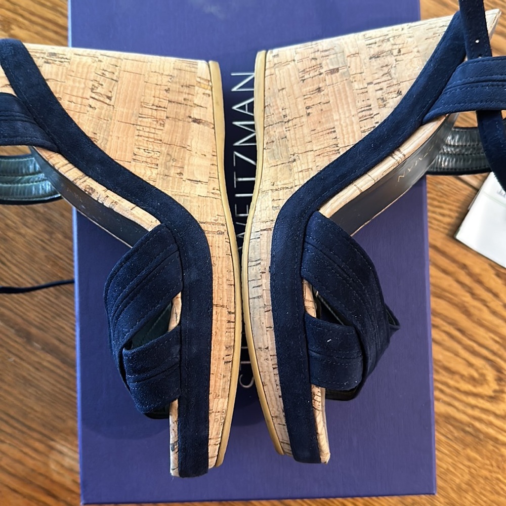 Stuart Weitzman Navy Fabric Cork Platform Wedge Sandals - Picture 9 of 10